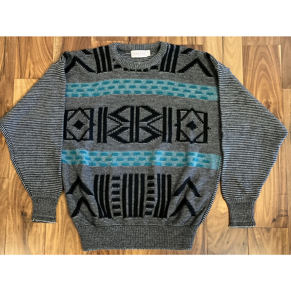 Vtg Grandpa Knit Wool Blend Sweater Extra Large Silver Aztec Crewneck Nordic 90s
